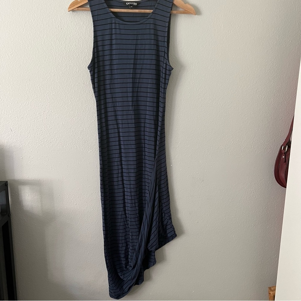 Express midi dress sleeveless asymmetrical tank dress dusty blue black stripes M